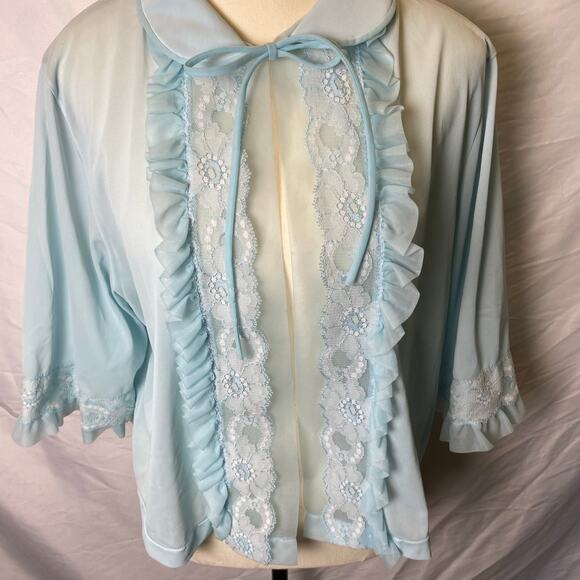 Vintage Women's Bed Jacket Medium Light Blue Ruffles Lace Trim Nylon Lingerie - Picture 6 of 12